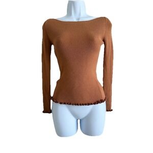 Moussy Brown Rib Knit Top Sparkle Trim Womens Small Retro Y2K Monochrome Layer